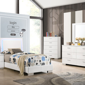 Felicity Twin Panel Bed With LED Lighting Glossy White - MartincFurniture
