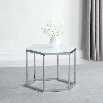 Contemporary White Tempered Glass & Stainless Steel Accent Table Coaster - MartincFurniture