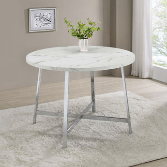 Alcott Round Faux Carrara Marble Top Dining Table Chrome - MartincFurniture