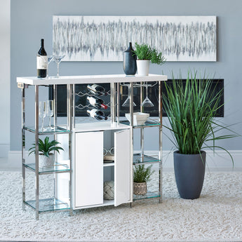 Gallimore 2-door Bar Cabinet with Glass Shelf High Glossy White and Chrome - MartincFurniture